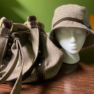 Brand New Brown tweed bucket hat with matching handbag
